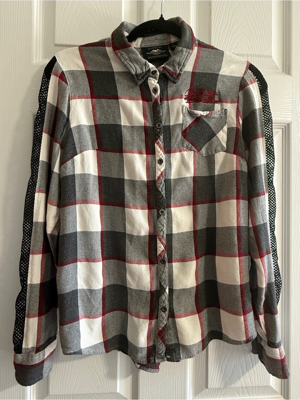 Harley-Davidson Gray White and Red Plaid Button-Down Shirt-Large